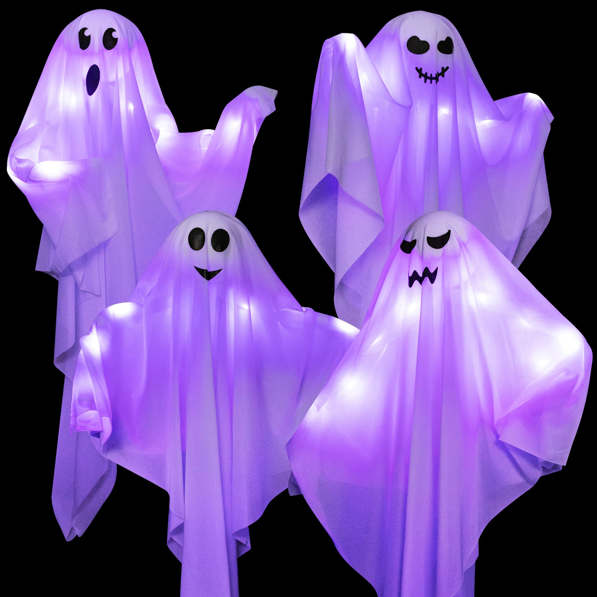 4 Pack Halloween Hanging Ghost Decorations, 27.5" Light Up Spooky Floating Ghosts with Blue LED, Outdoor & Indoor Haunted House, Porch, Yard, Party Decor, Patio Lawn Garden